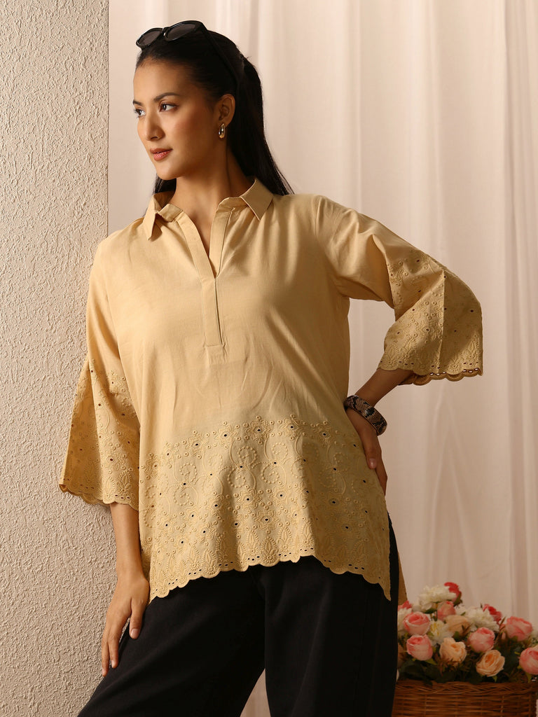 Libas Beige Floral Embroidered Cotton Blend Straight Short Kurti