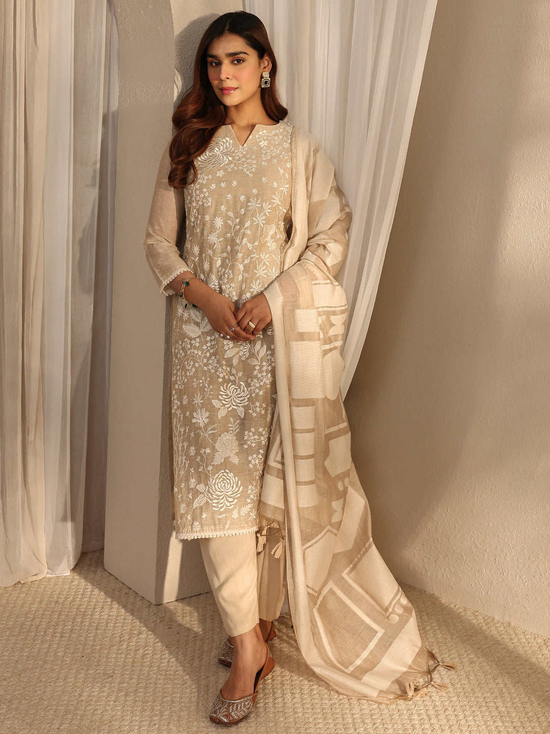  Beige Floral Embroidered Cotton Blend Straight Suit Set With Dupatta 