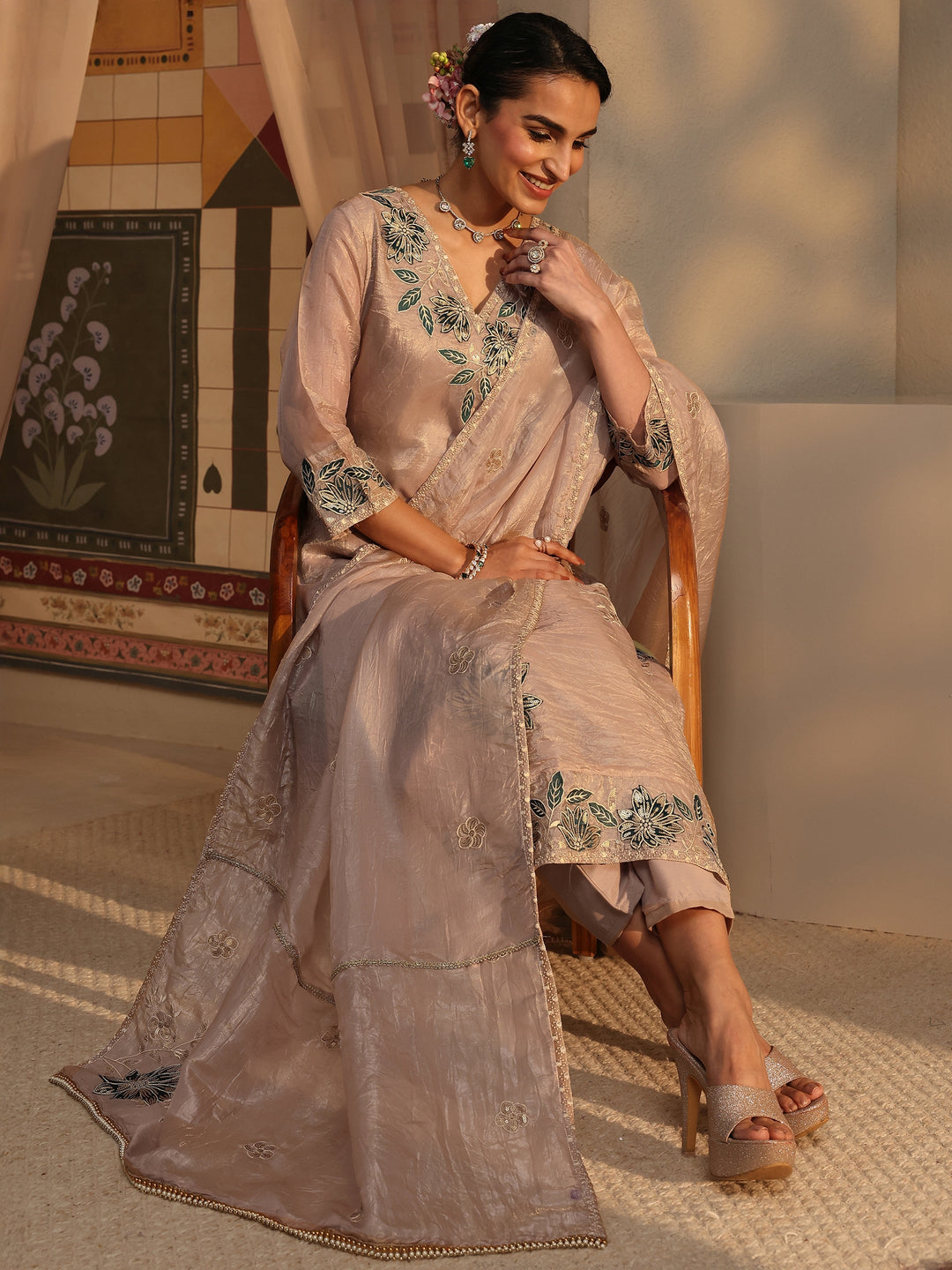Beige Floral Embroidered Organza Straight Suit Set With Dupatta