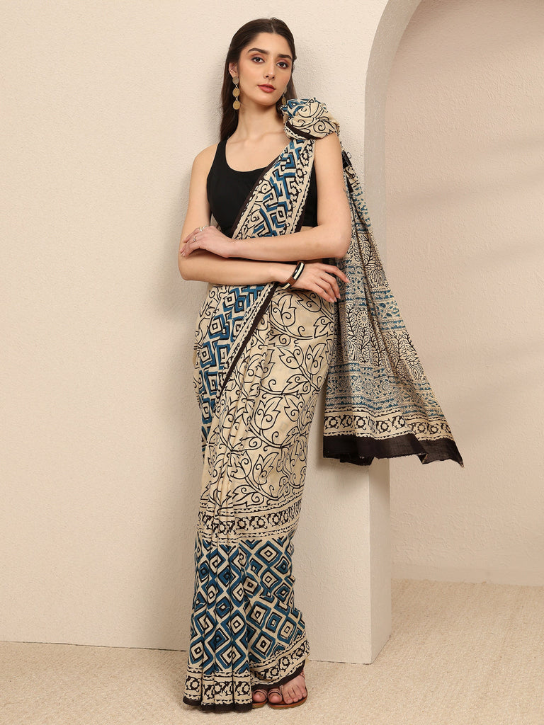Libas Beige Floral Printed Cotton Blend Saree With Unstitched Blouse Piece