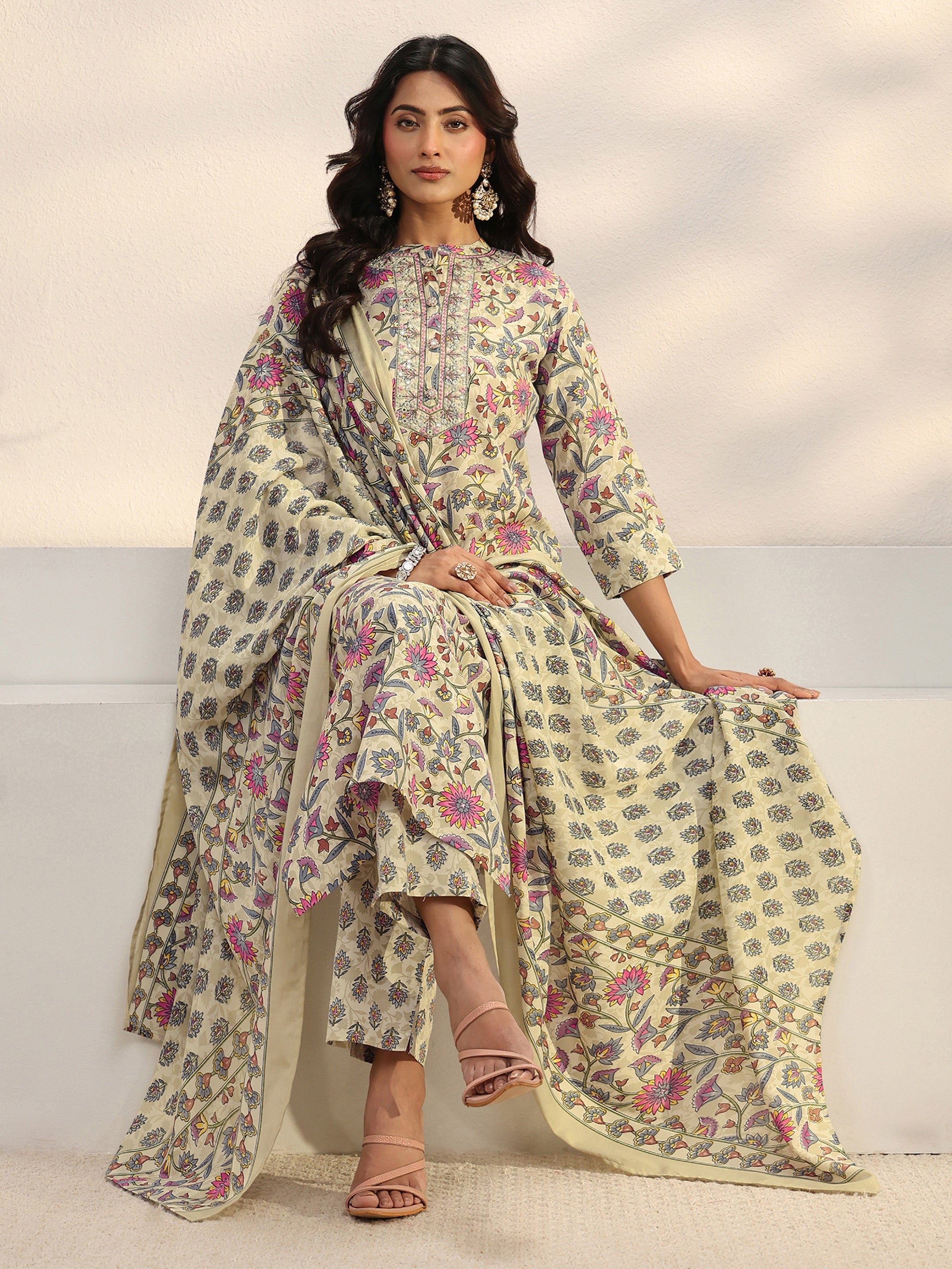 libas Beige Floral Printed Cotton Blend Straight Suit Set With Dupatta-picture-39