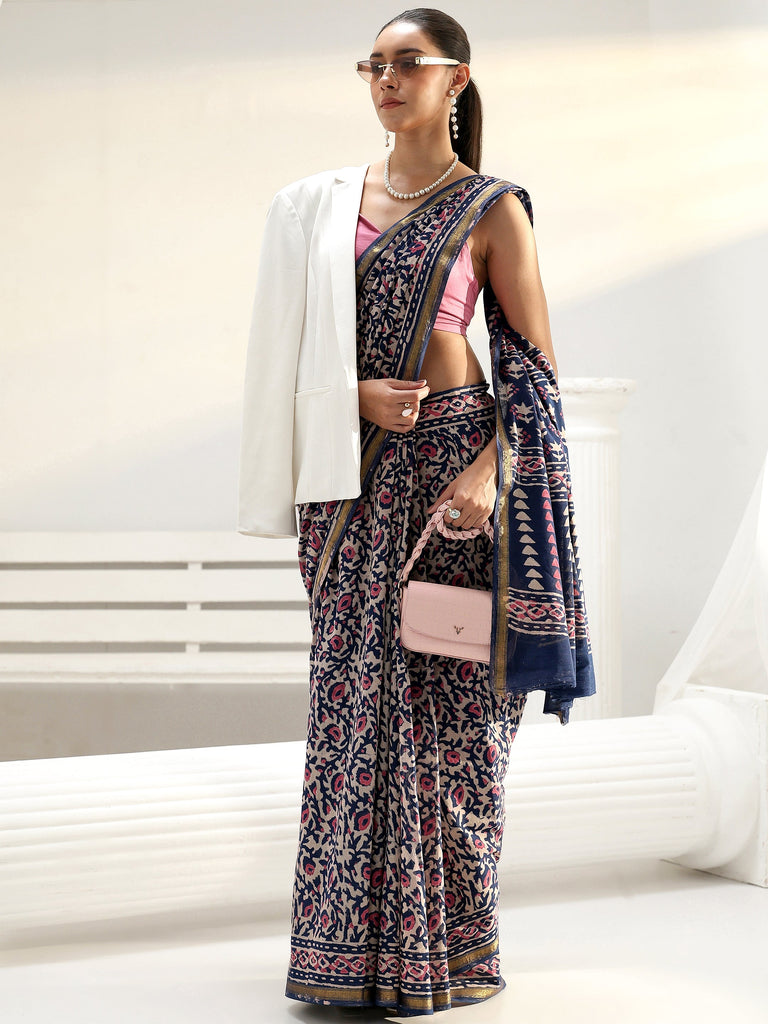 Libas Blue Floral Bagru Print Cotton Saree