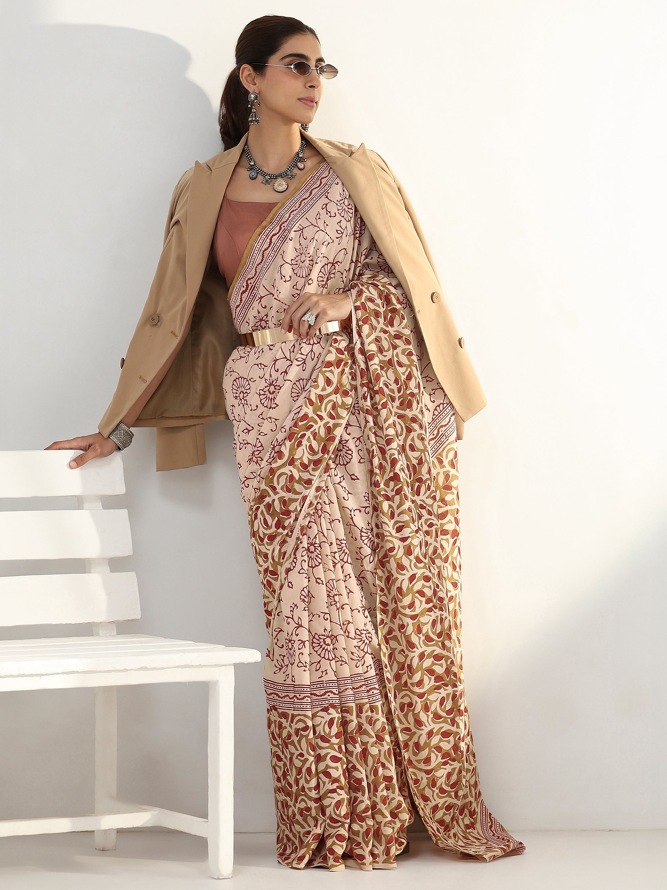 libas Beige Floral Bagru Print Cotton Saree-picture-35