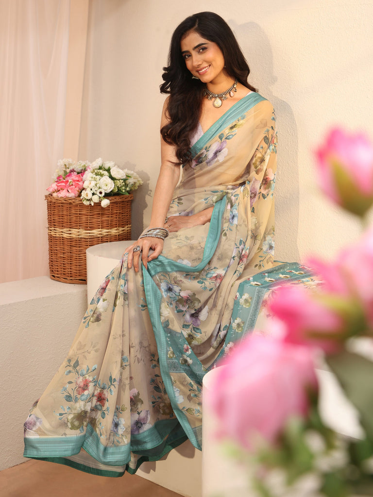 Libas Beige Floral Printed Georgette Tassel Saree