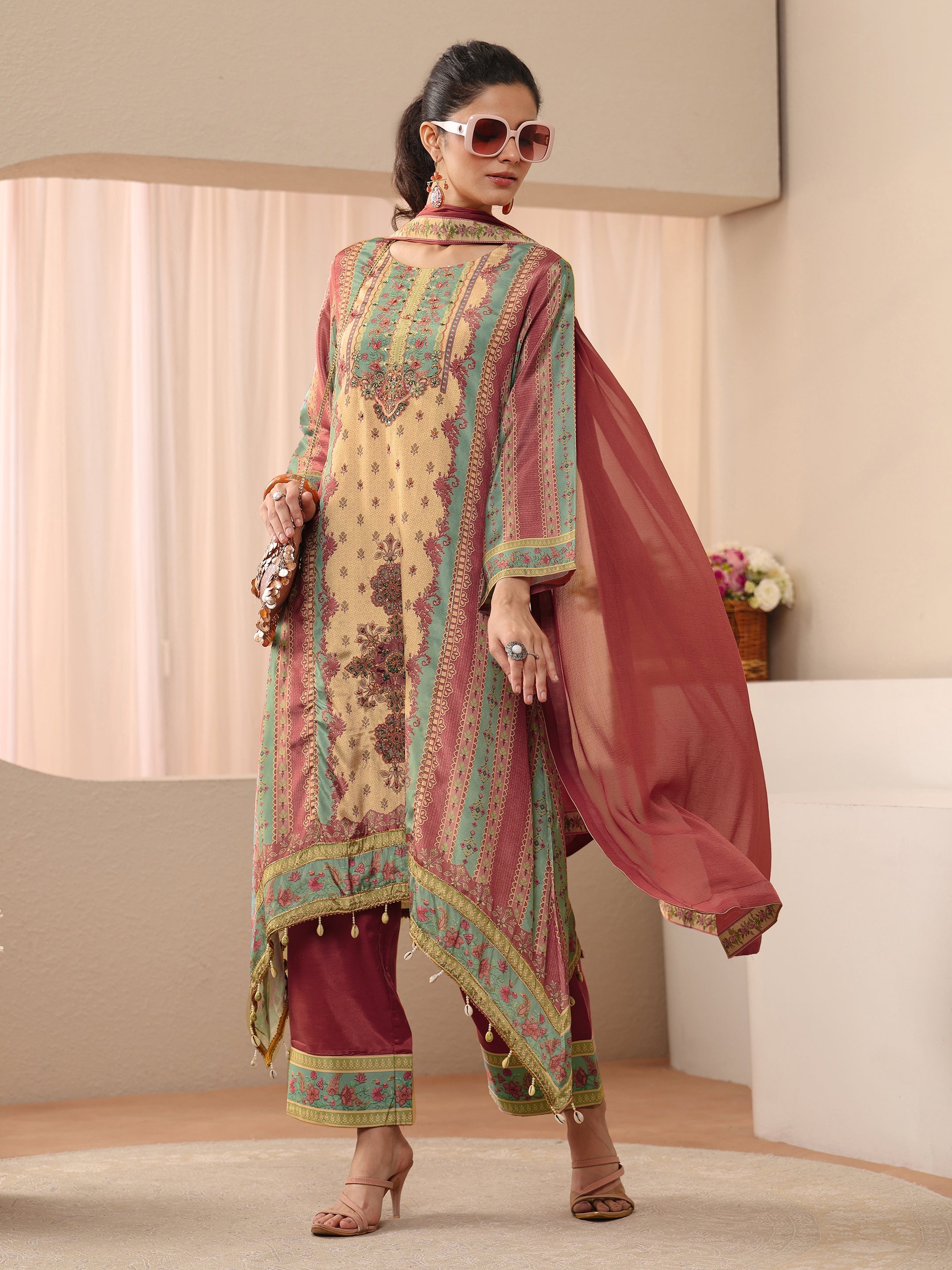 libas Beige Floral Printed Muslin A-line Suit Set-picture-17