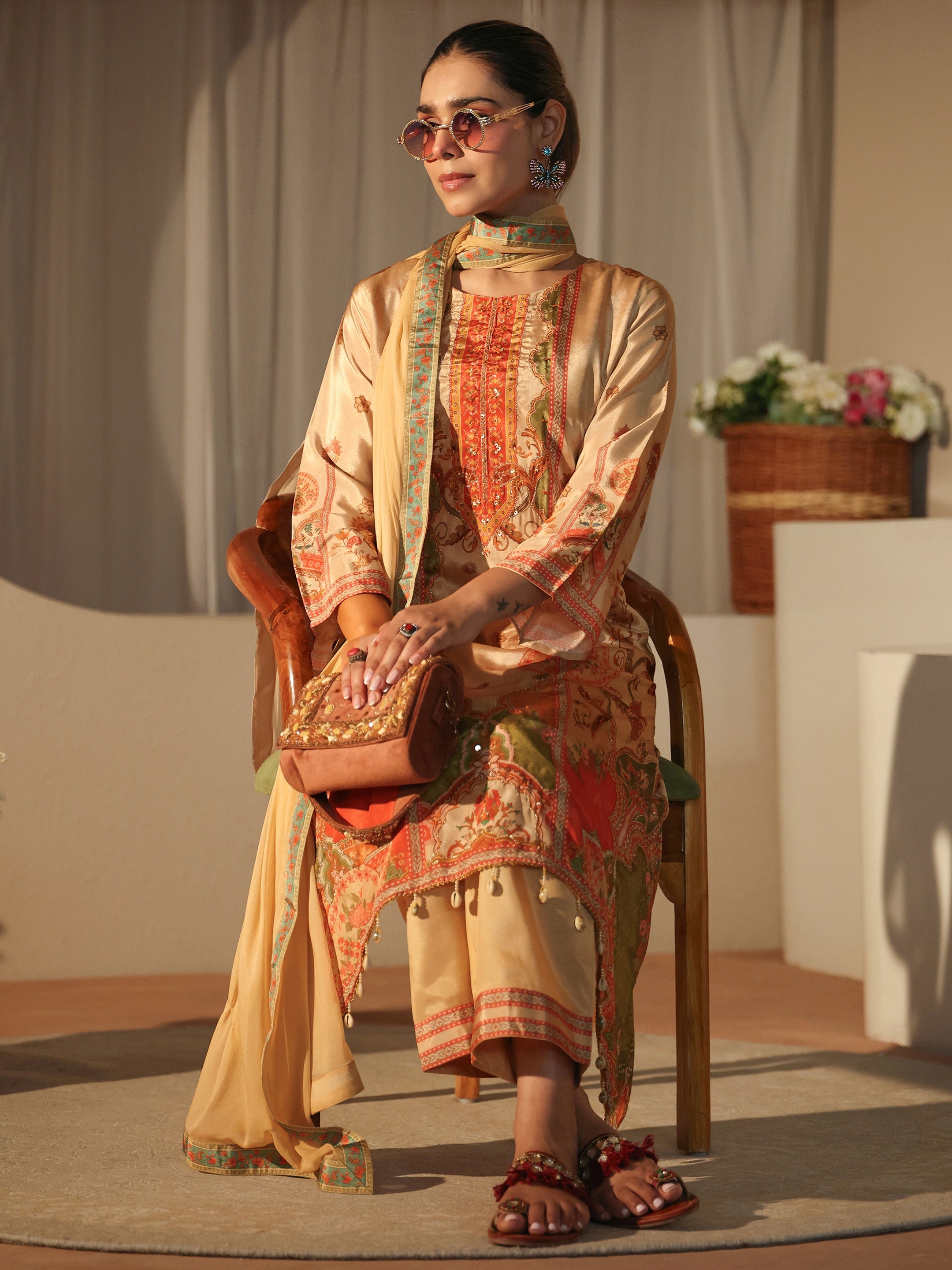 libas Beige Floral Printed Muslin A-line Suit Set-picture-16