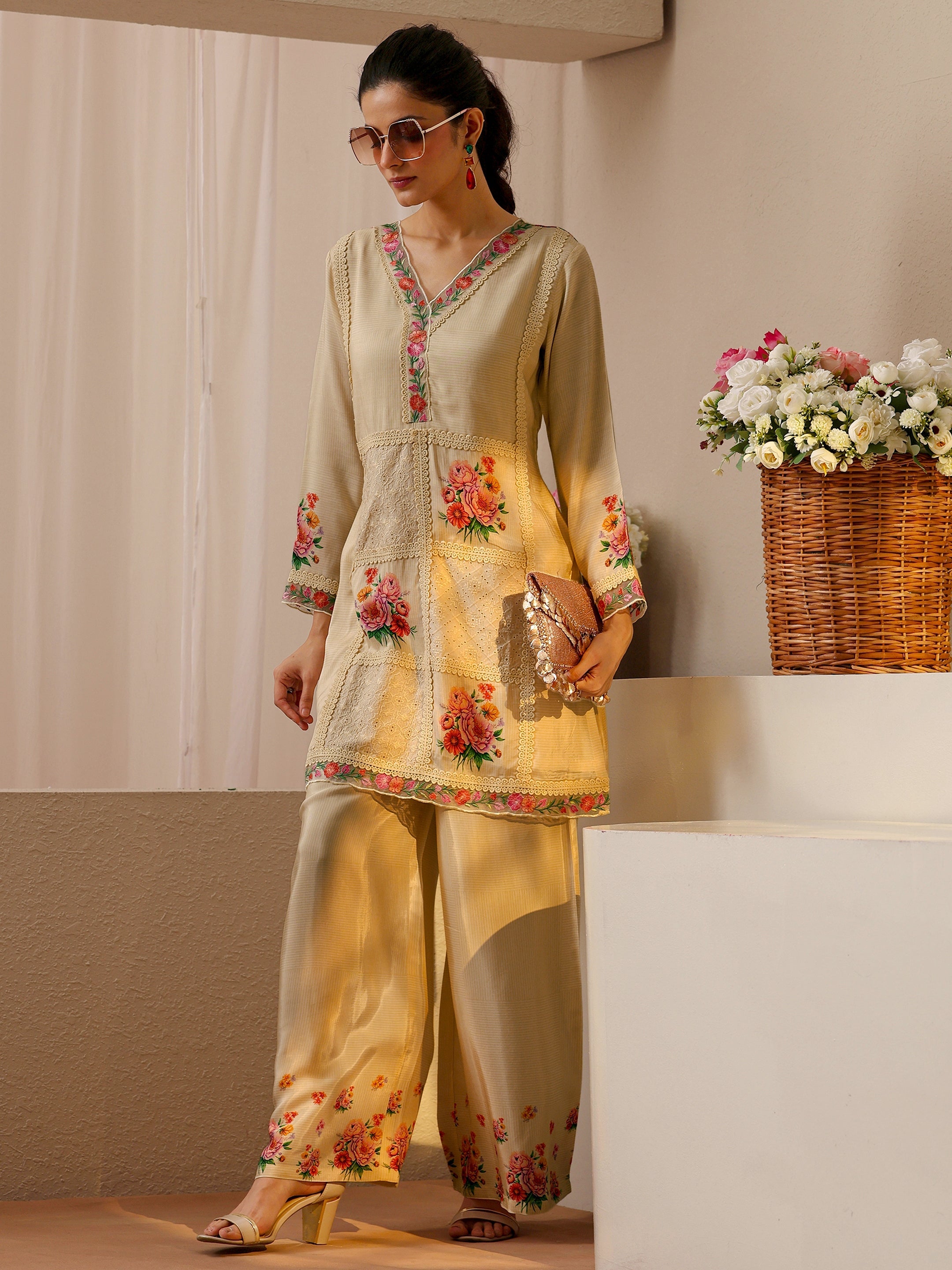 libas Beige Floral Printed Muslin Co-Ord Set-picture-32
