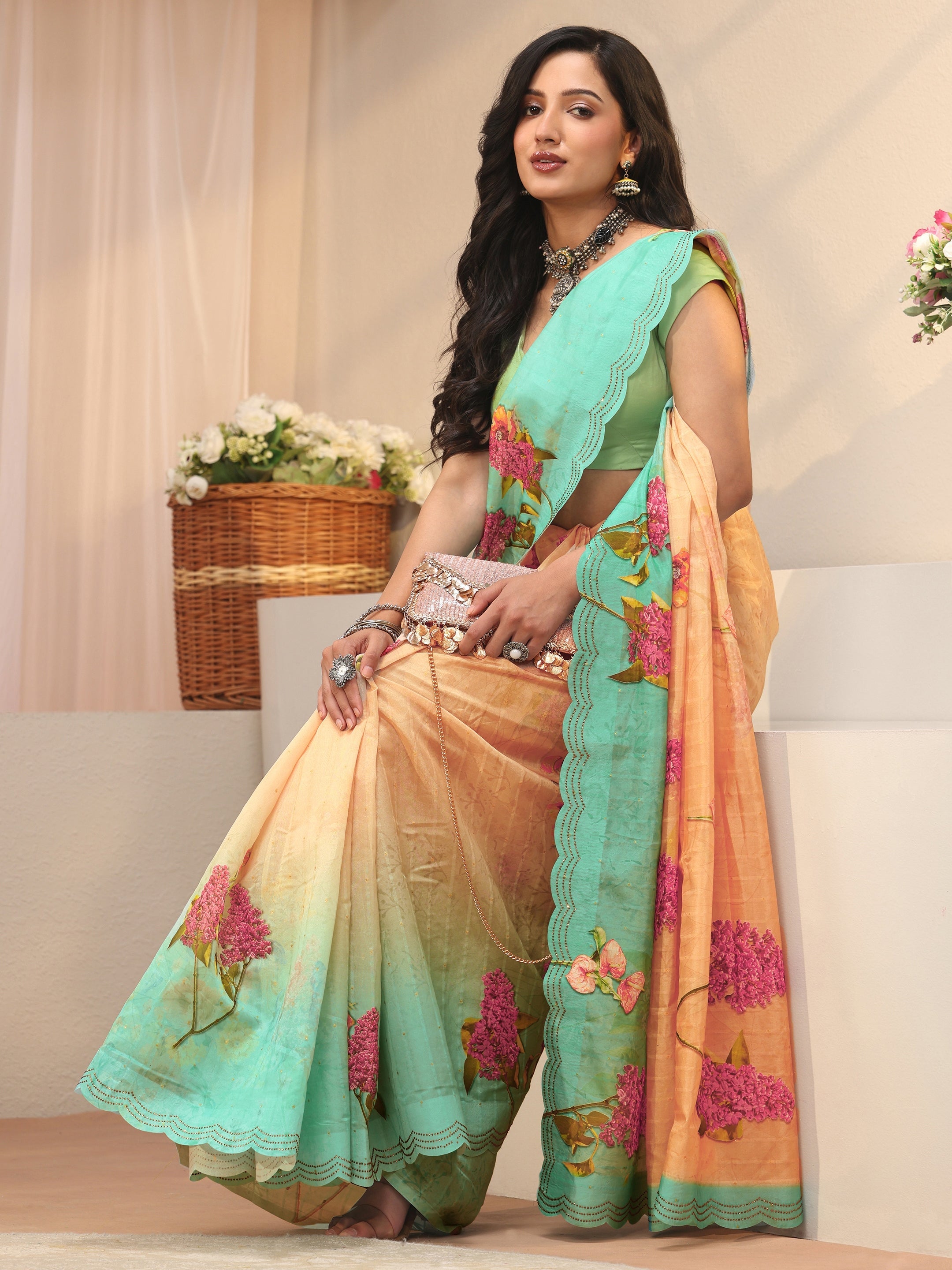 libas Beige Floral Printed Organza Saree-picture-33