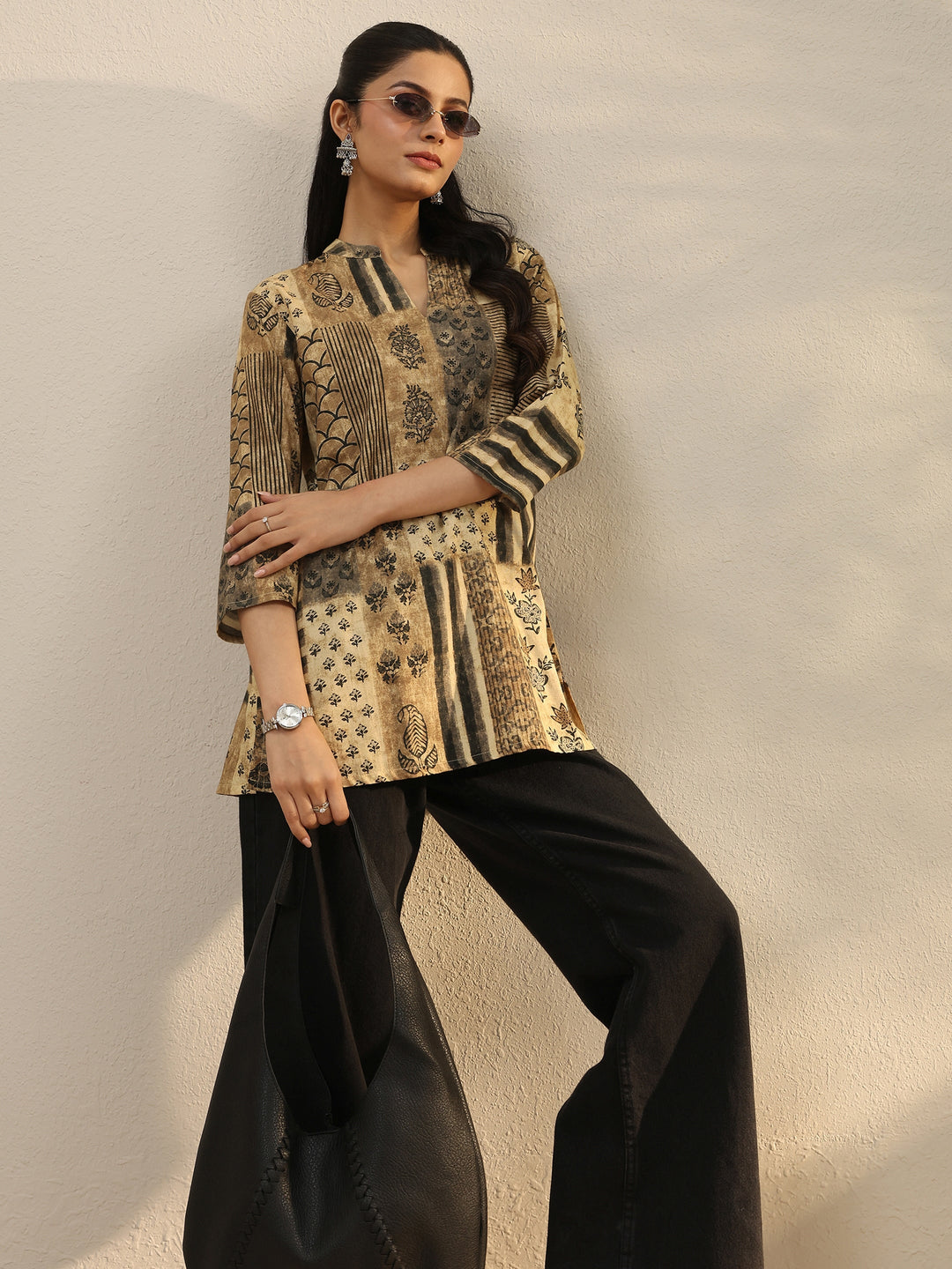  Beige Floral Printed Silk Blend Straight Short Kurti 