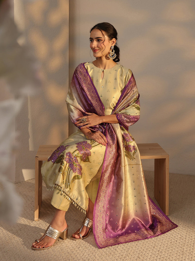 Libas Beige Floral Printed Silk Blend Straight Suit Set With Dupatta