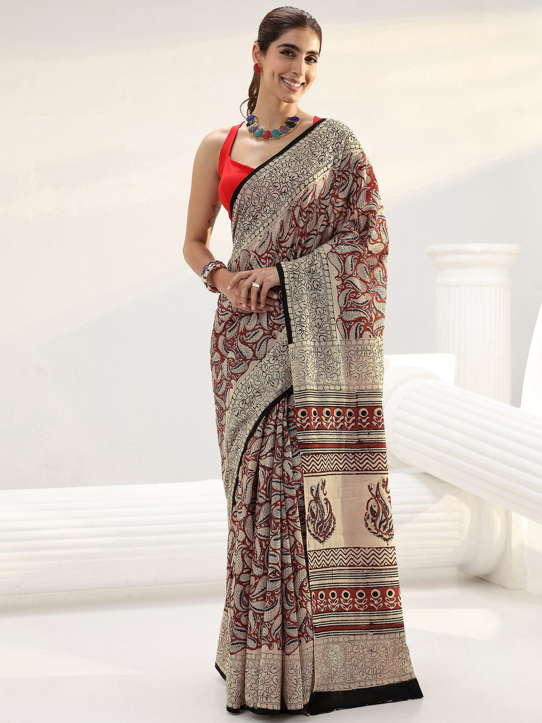  Beige Paisley Printed Cotton Saree 