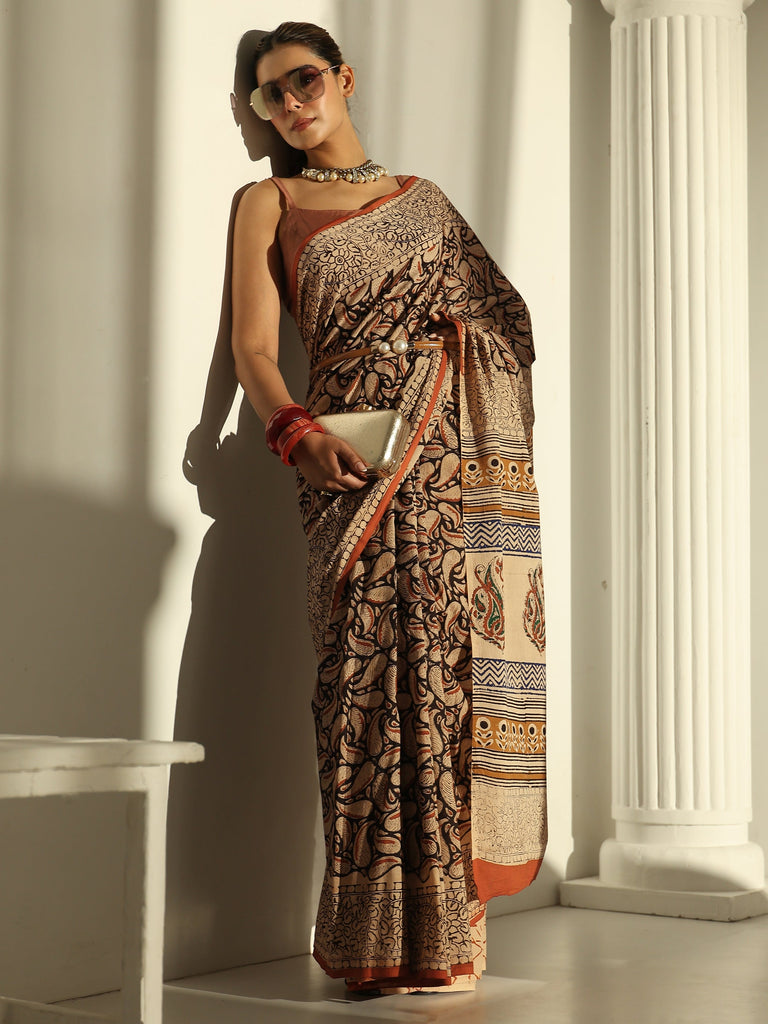 Libas Beige Paisley Printed Cotton Saree