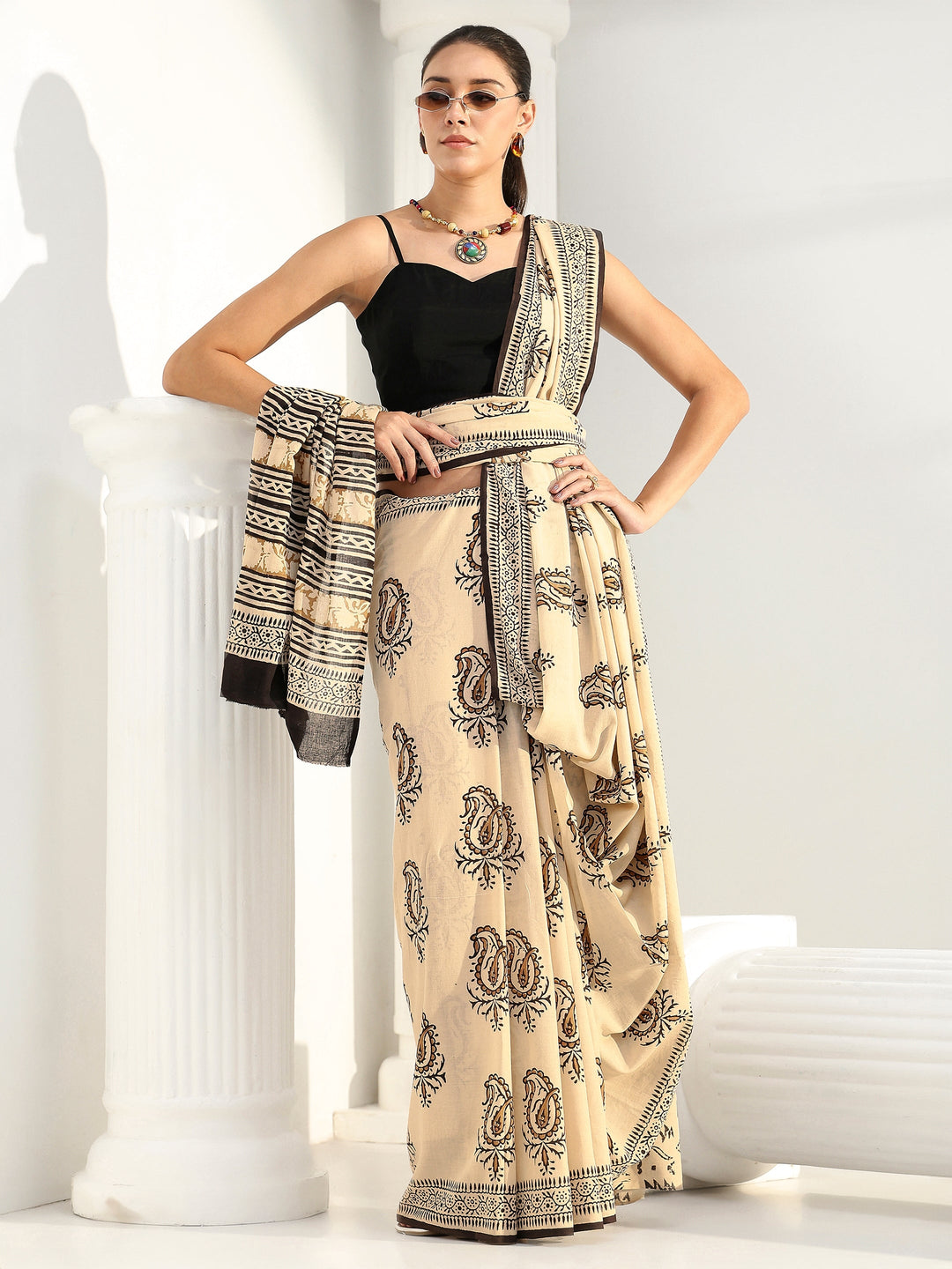  Beige Paisley Printed Cotton Saree 