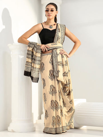 Libas Beige Paisley Bagru Print Cotton Saree