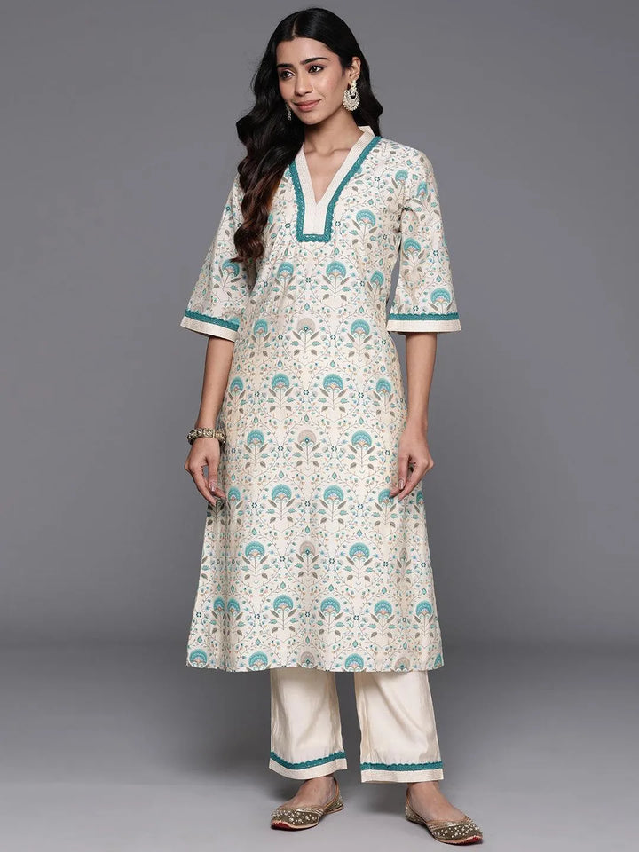 Beige Printed Chanderi Silk A-Line Kurta With Palazzos - Libas