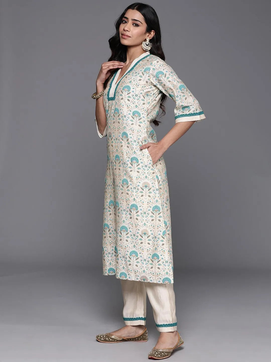 Beige Printed Chanderi Silk A-Line Kurta With Palazzos - Libas 