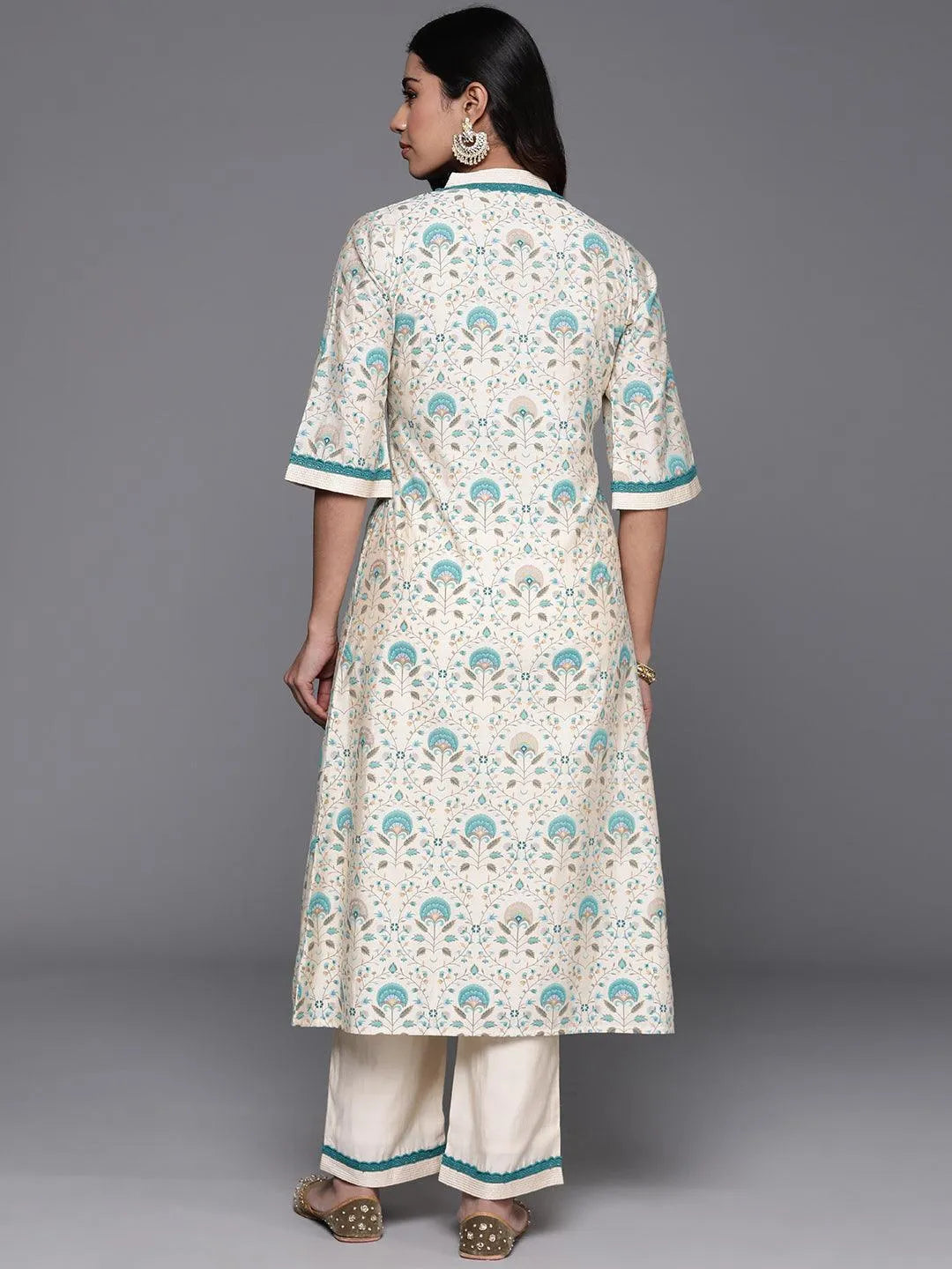 Beige Printed Chanderi Silk A-Line Kurta With Palazzos - Libas