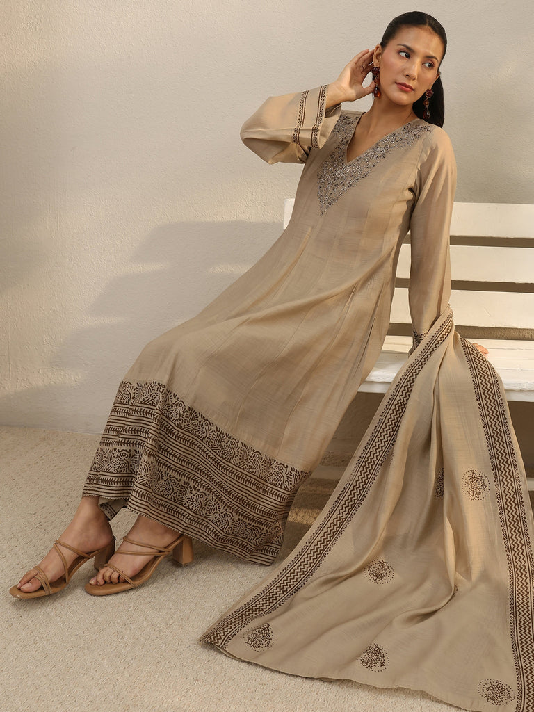 Libas Beige Printed Chanderi Silk A-Line Suit Set