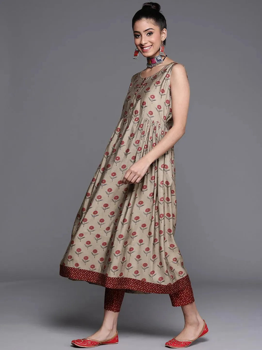 Beige Printed Chanderi Silk Kurta - Libas 