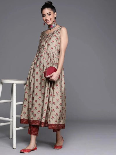 Beige Printed Chanderi Silk Kurta - Libas