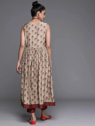 Beige Printed Chanderi Silk Kurta - Libas