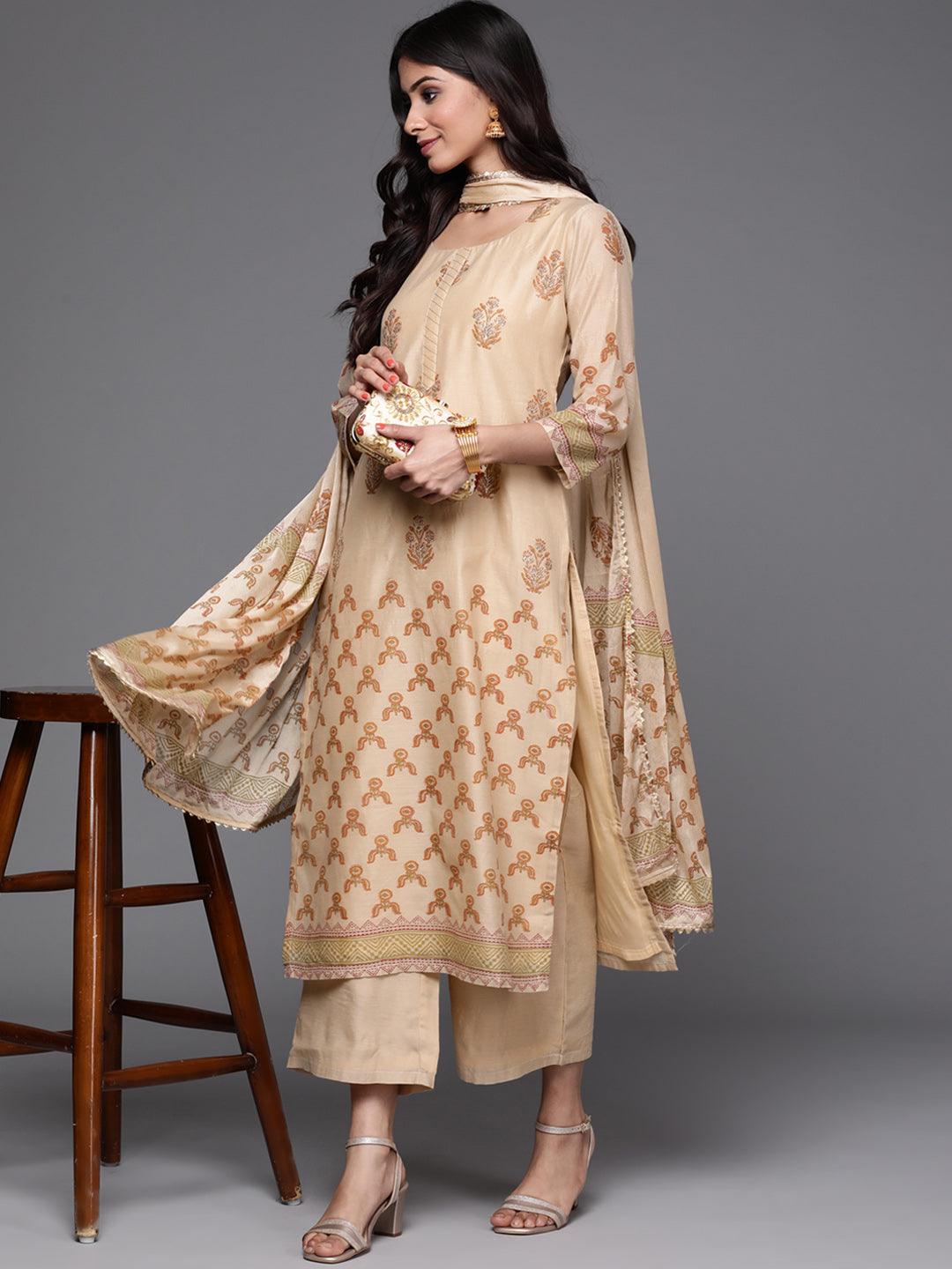 Beige Printed Chanderi Silk Suit Set - Libas