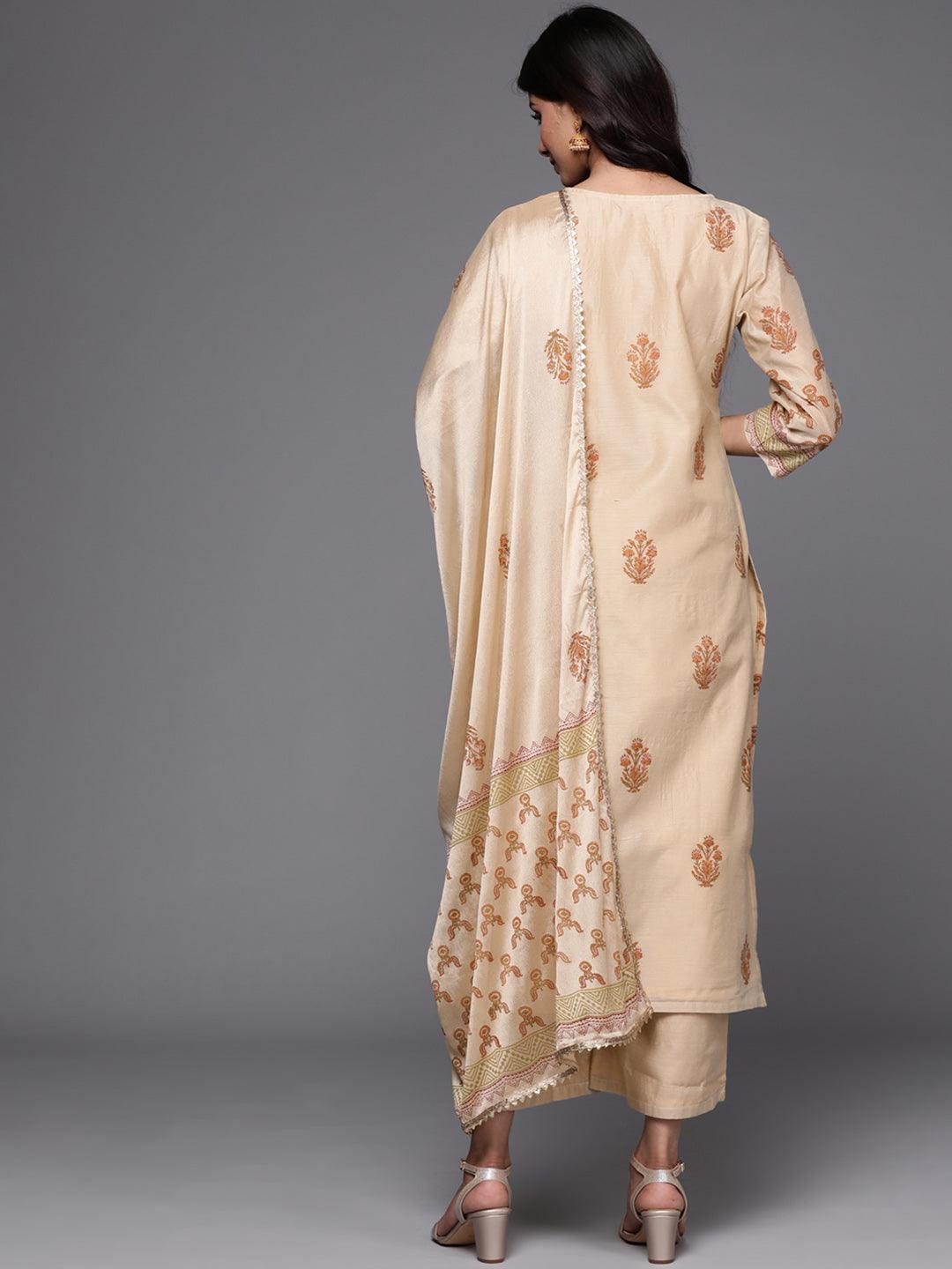 Beige Printed Chanderi Silk Suit Set - Libas
