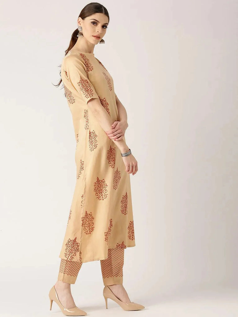 Libas Beige Printed Cotton A-Line Kurta With Trousers