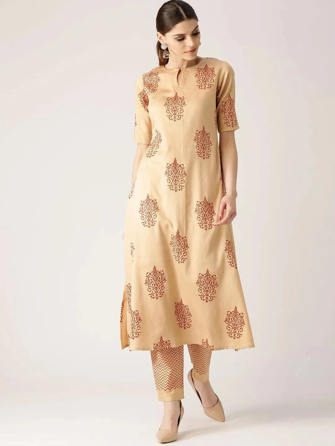 Beige Printed Cotton Kurta Set - Libas 