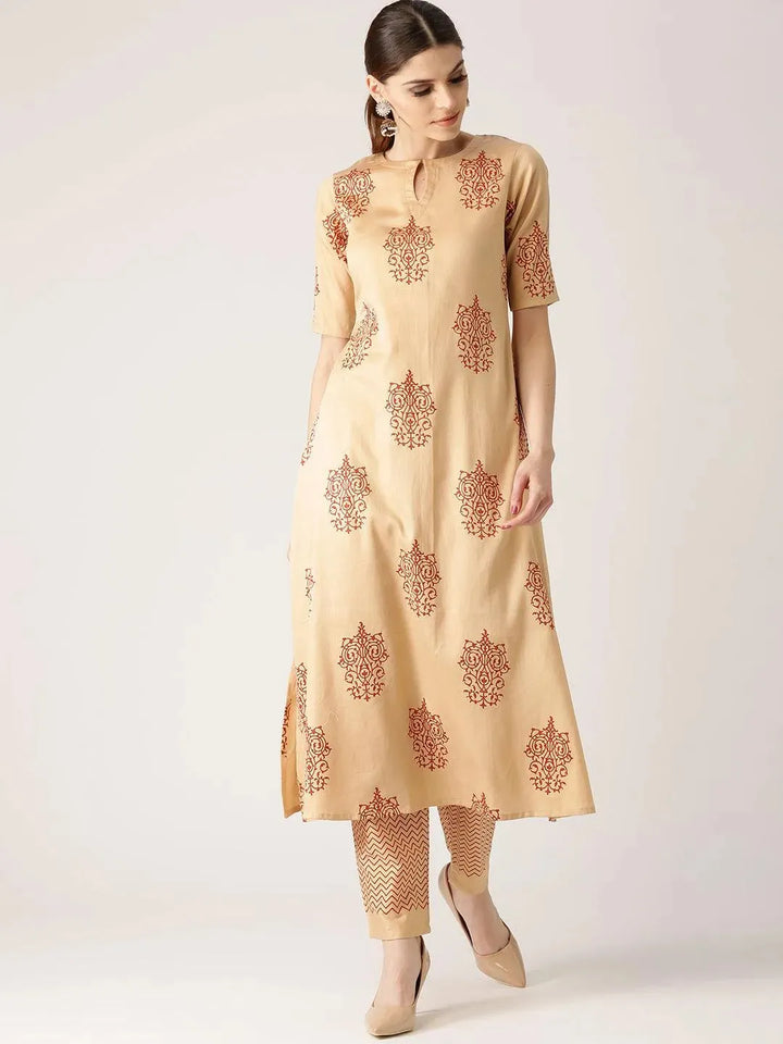 Beige Printed Cotton Kurta Set - Libas