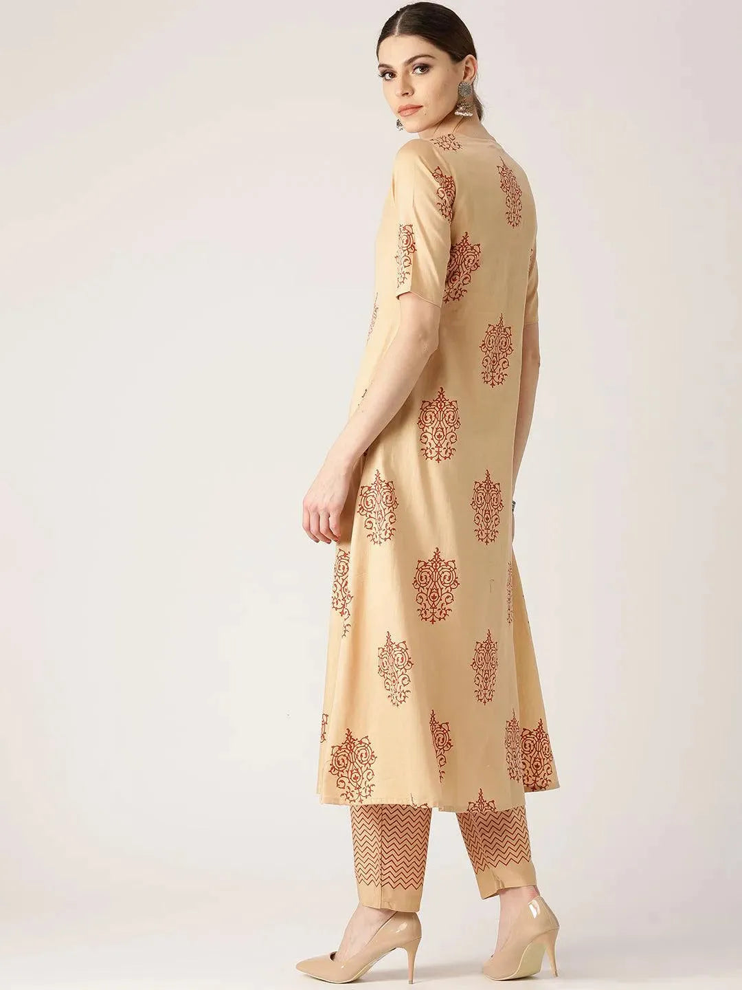 Beige Printed Cotton Kurta Set - Libas 
