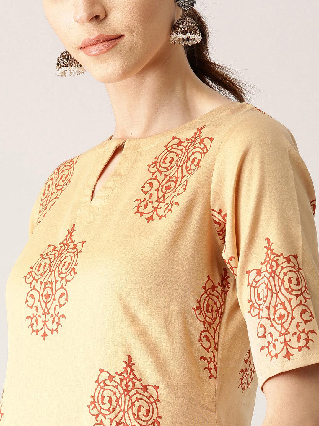 Beige Printed Cotton A-Line Kurta With Trousers
