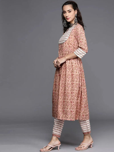 Beige Printed Cotton Suit Set - Libas