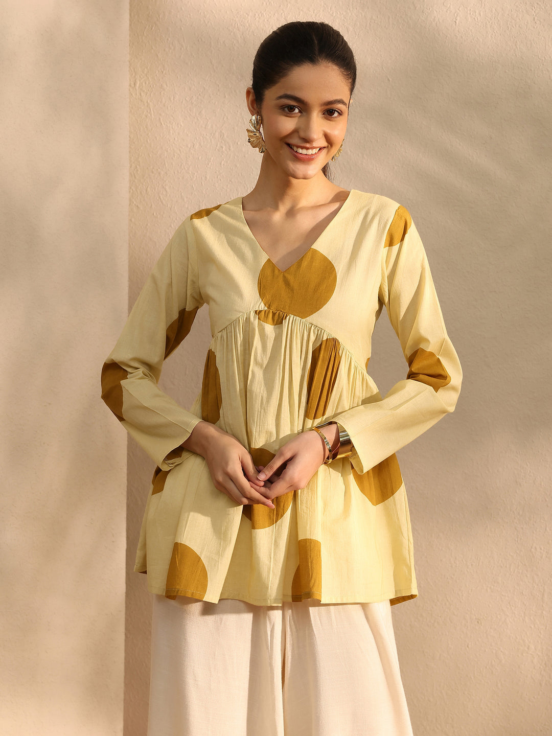Beige Printed Cotton Blend A-Line Short Kurti