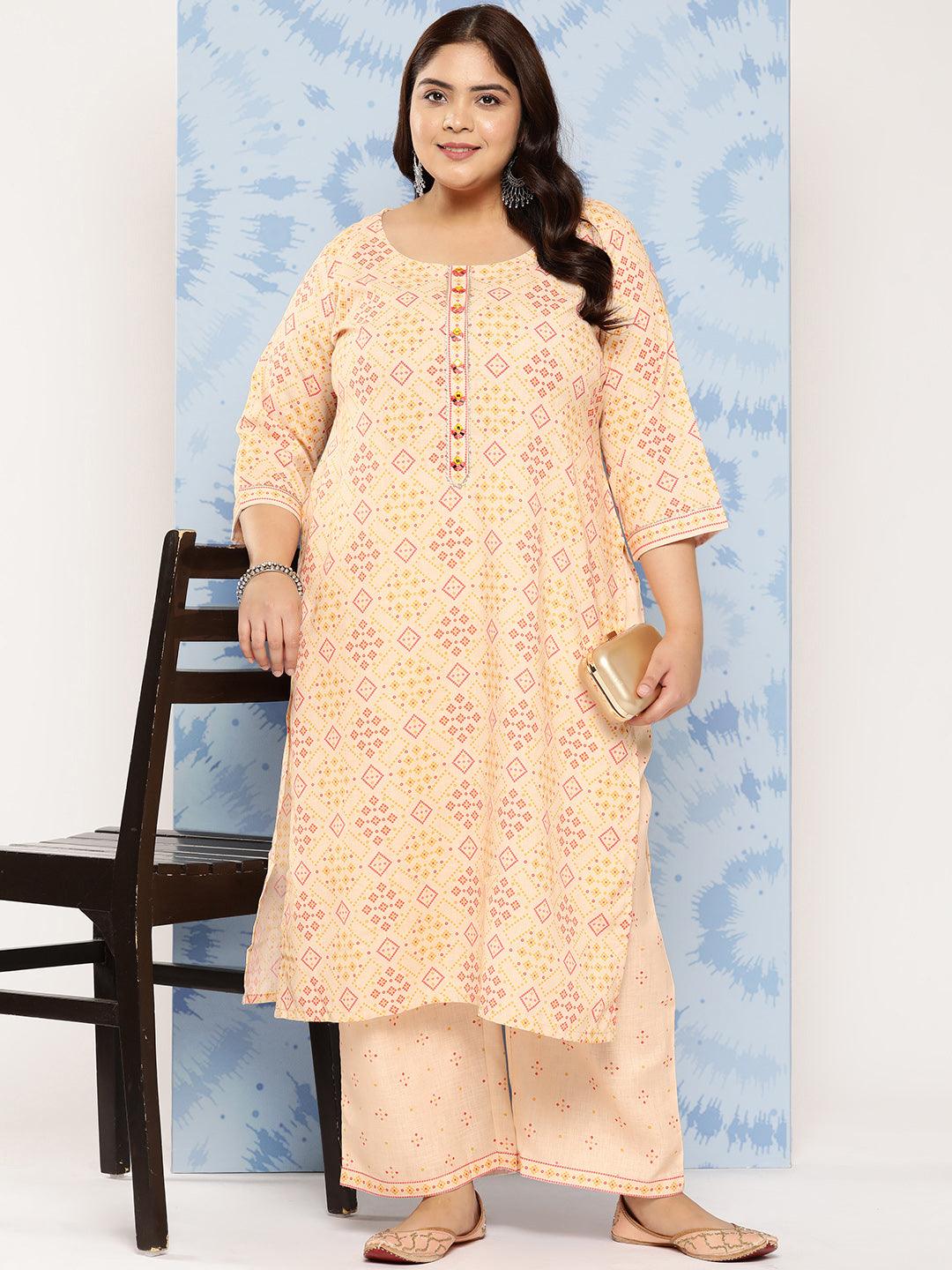 Beige Printed Cotton Blend Straight Kurta With Trousers - Libas