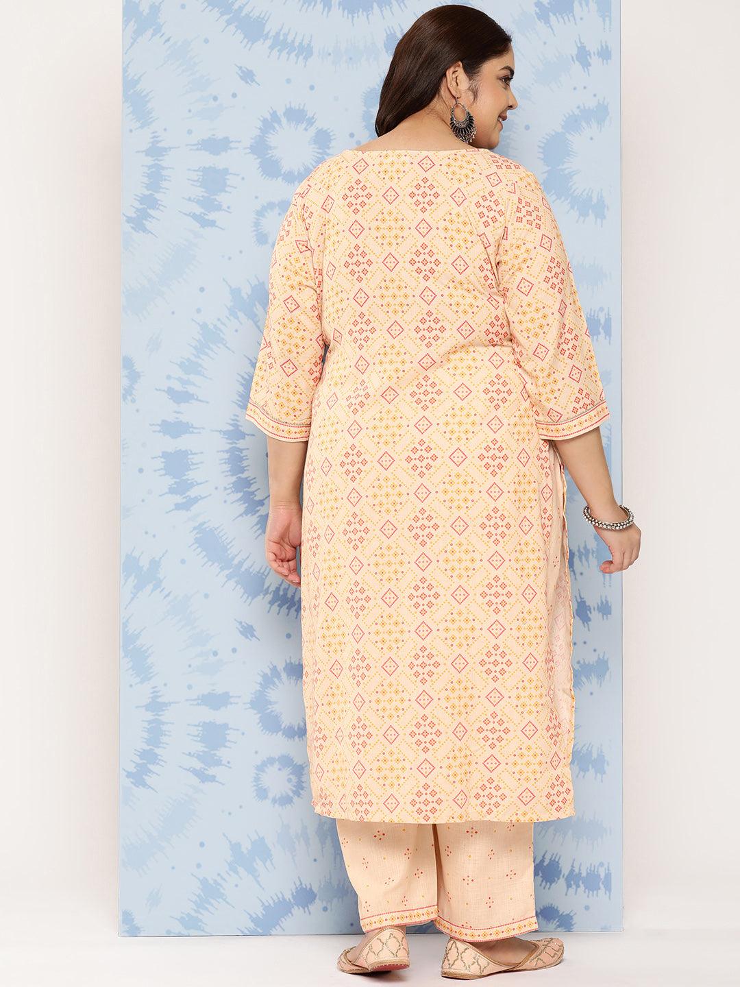 Beige Printed Cotton Blend Straight Kurta With Trousers