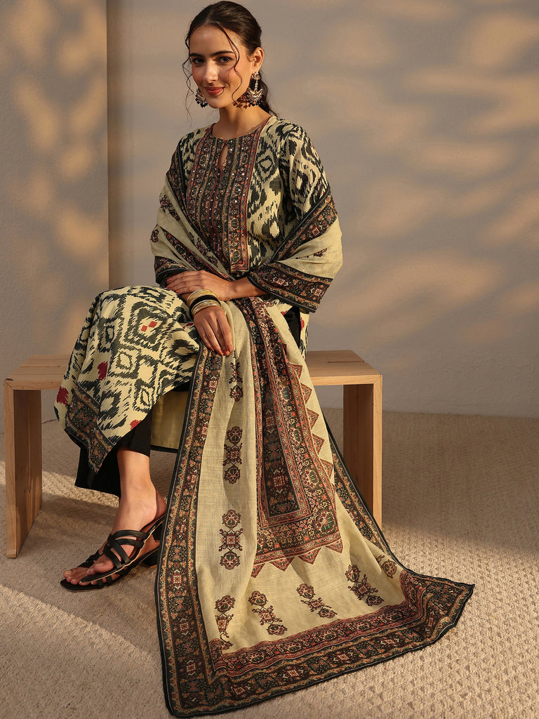 Libas Beige Printed Cotton Blend Straight Suit Set With Dupatta