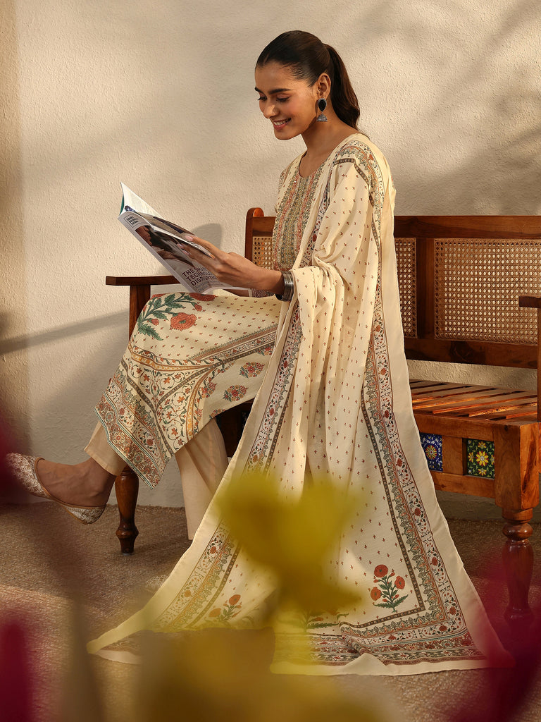 Libas Beige Printed Cotton Blend Straight Suit Set With Dupatta
