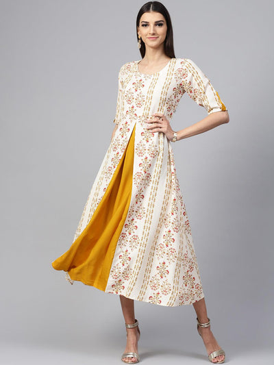 Beige Printed Cotton Dress - Libas