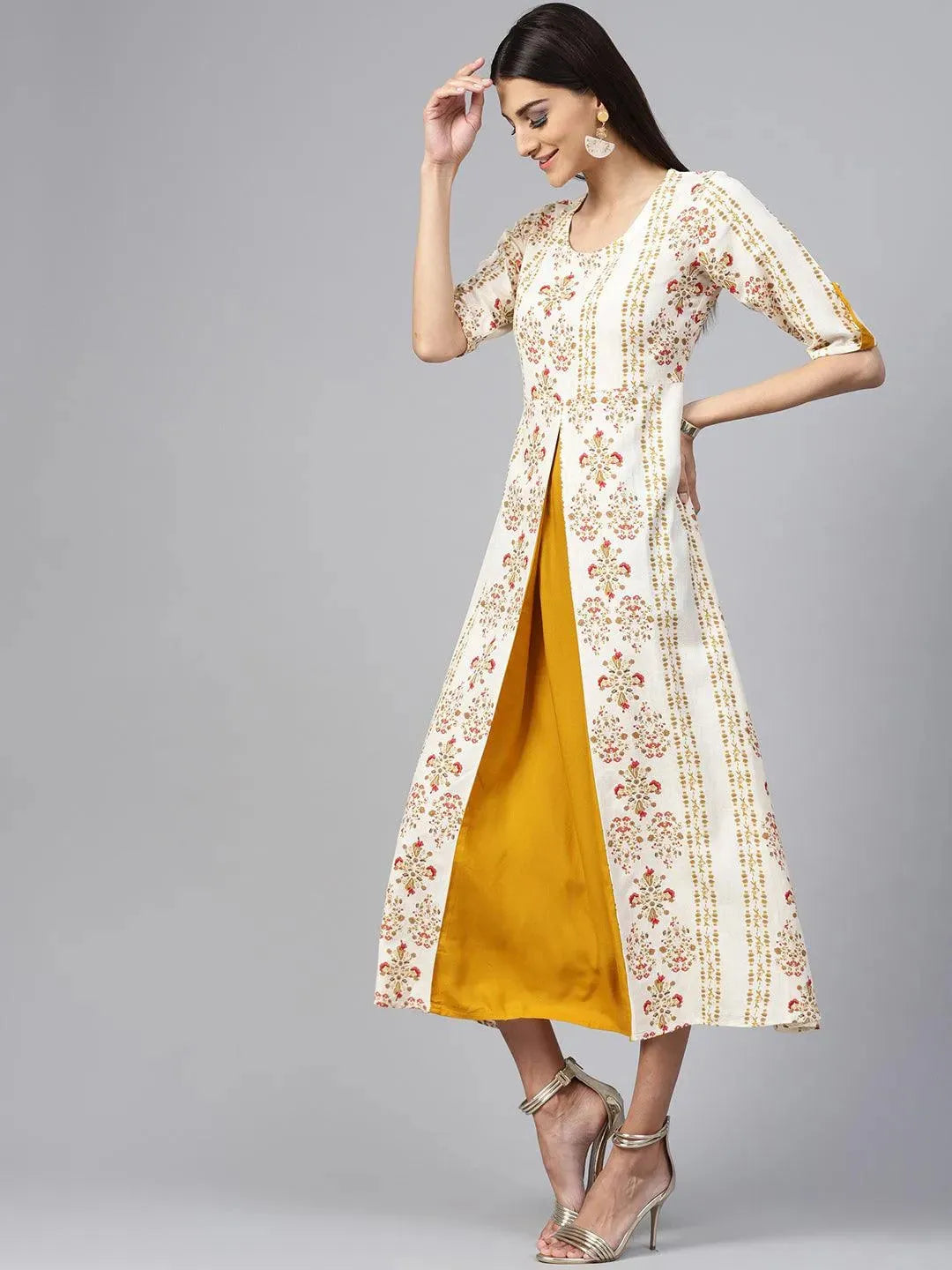 Beige Printed Cotton Dress - Libas 