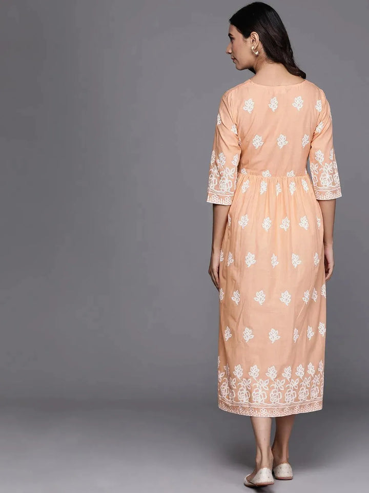 Beige Printed Cotton Dress - Libas