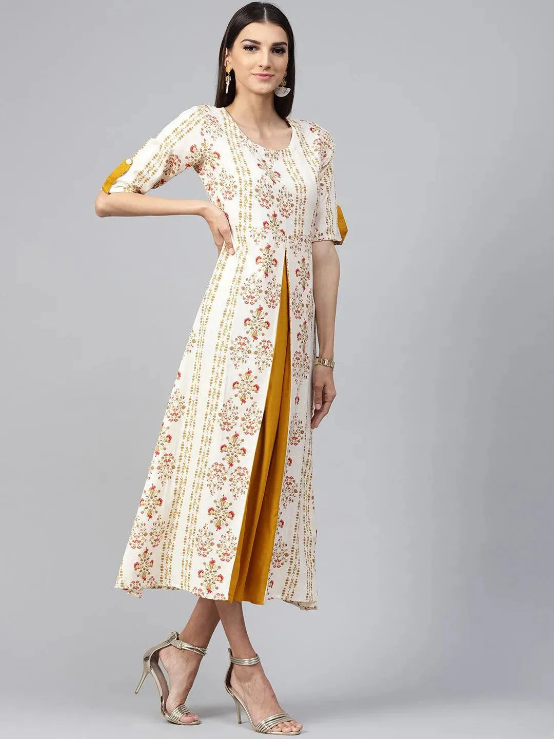 Beige Printed Cotton Dress - Libas