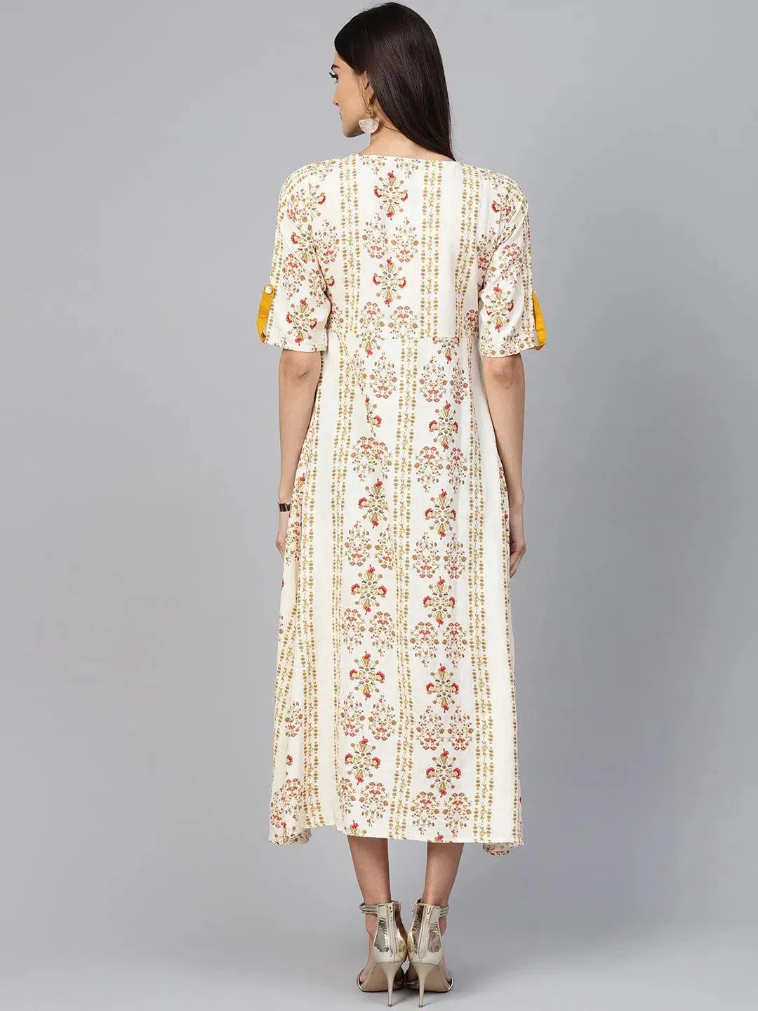 Beige Printed Cotton Dress - Libas