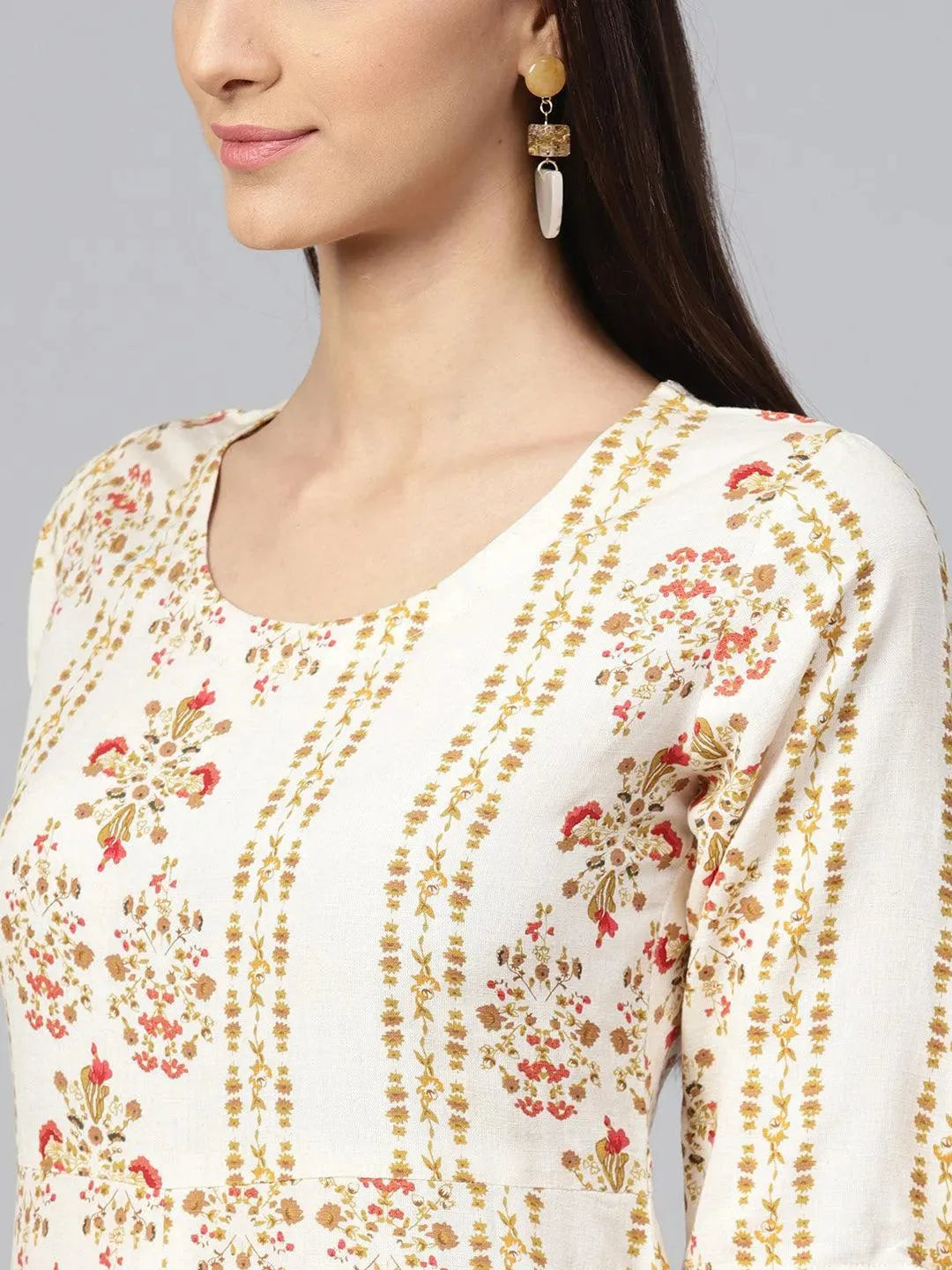 Beige Printed Cotton Dress - Libas