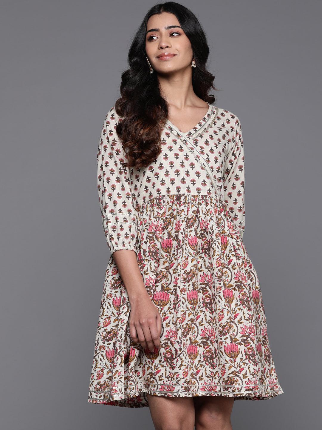 Beige Printed Cotton Fit and Flare Dress