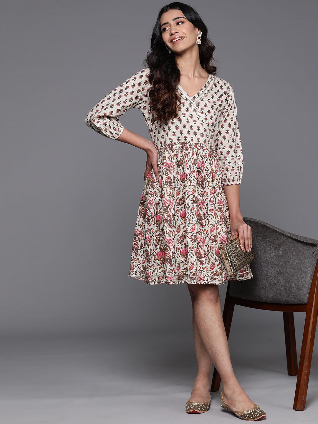 Beige Printed Cotton Fit and Flare Dress
