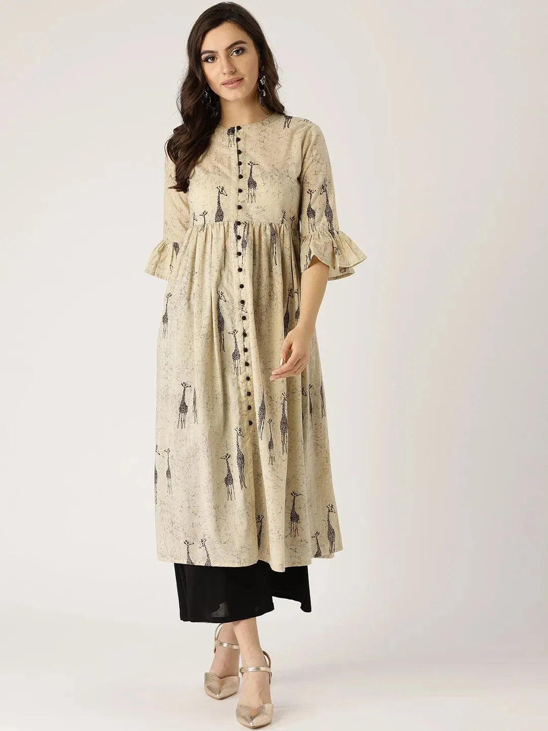 Beige Printed Cotton Kurta - Libas