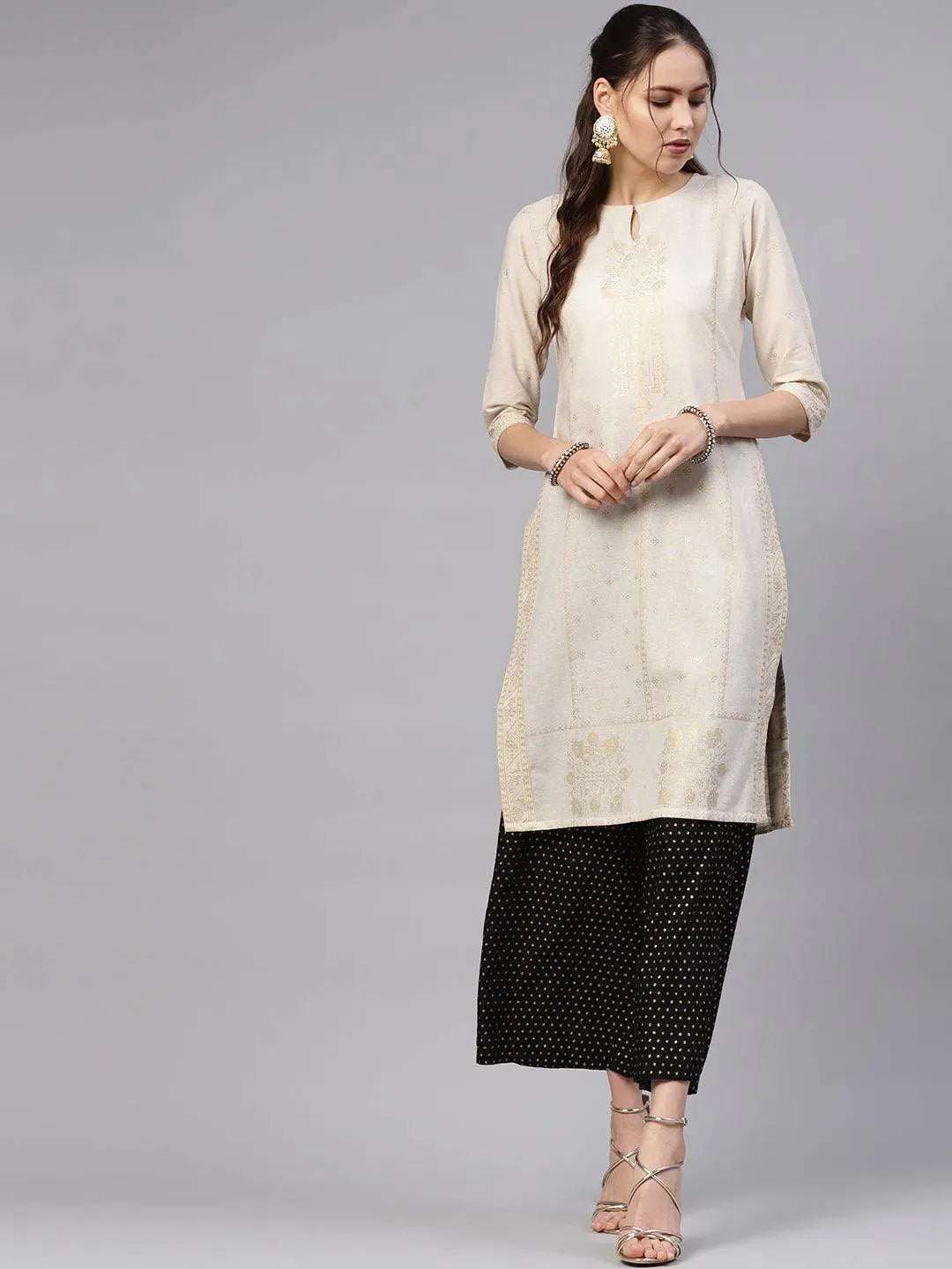 Beige Printed Cotton Kurta - Libas