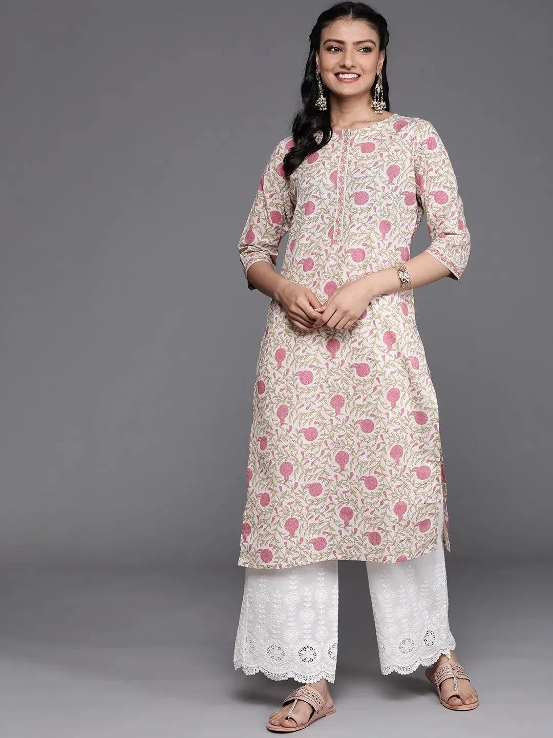 Beige Printed Cotton Kurta - Libas