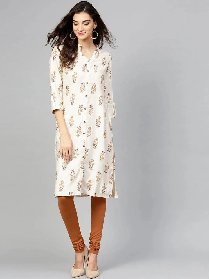 Beige Printed Cotton Kurta - Libas